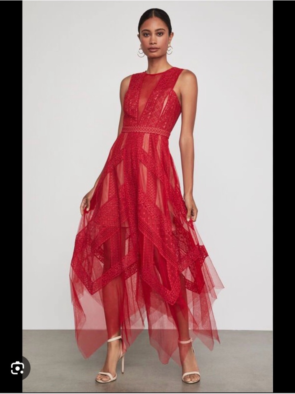 BCBGMaxAzria Red Lace High-Low Mesh Dress